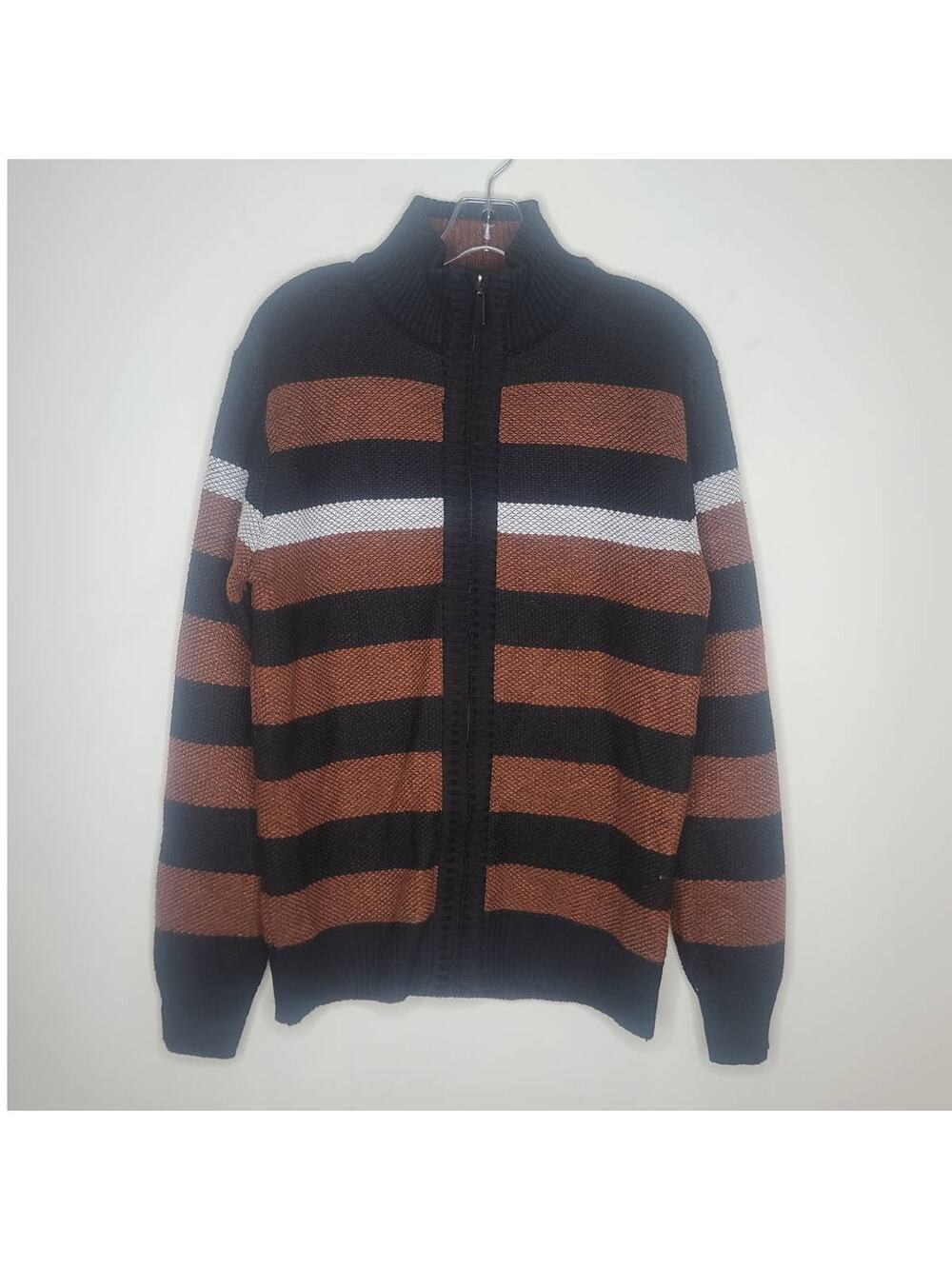 Six Lincoln sherpa lined black brown striped full zip mock neck sweater - small